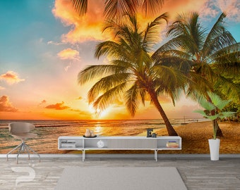 Tropical Beach WALL MURAL, Palms Wall Covering, Beach Sunset Wall Art Print Poster, Removable Peel & Stick Wallpaper, Carribean Mural
