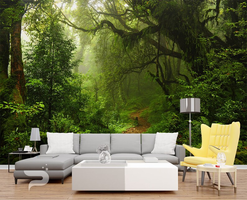 Enchanted Forest WALL MURAL Green Forest Wallpaper Large Etsy