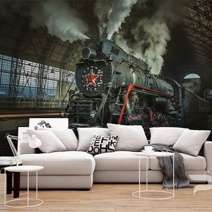 Steam Train WALL MURAL, Grunge Wall Covering, Old Train Wall Art Print Poster, Removable Peel & Stick Wallpaper, Steam Locomotive Mural