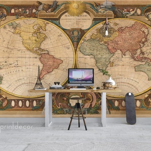 Belle carte du monde nautique WALL MURAL, Old Map Wallpaper, vintage Colorful Map 1788 Reproduction Wall Art Print Poster, Peel & Stick Mural