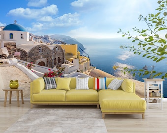 Santorini Dreaming WALLPAPER MURAL, Greece Wall Mural, Large Wall Mural, Self Adhesive Peel & Stick Mural, Island Living Wall Covering