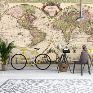 Ancienne carte du monde MURAL, carte du monde vintage WALL MURAL, reproduction de carte papier peint affiche de décalcomanie, Peel & Stick Mural, autocollant d’impression de carte
