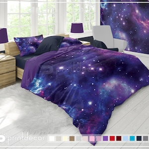 Bettwäsche-Set mit Galaxie-Sternen, Blau-lila-Nebel-Bettbezug-Set, Weltraum-Bettwäsche, Galaxie-Schlafzimmer-Dekoration, Universum-Bettwäsche für Zwillinge, Doppelbetten, Queen-Size-Betten und King-Size-Betten