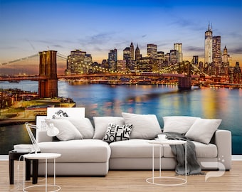 Brooklyn Bridge WALL MURAL, New York Wallpaper Mural, Large Wall Mural, Self Adhesive Peel & Stick Mural, Big Apple Sunset Wall Mural