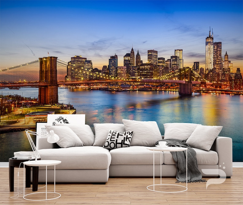 Brooklyn Bridge WALL MURAL, New York Wallpaper Mural, Large Wall Mural, Self Adhesive Peel & Stick Mural, Big Apple Sunset Wall Mural image 1