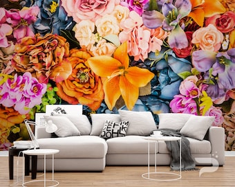 Floral WALL MURAL, Colorful Flowers Wallpaper, Beautiful Flowers Wall Mural, Large Mural, Removable Self Adhesive Peel & Stick Photo Mural