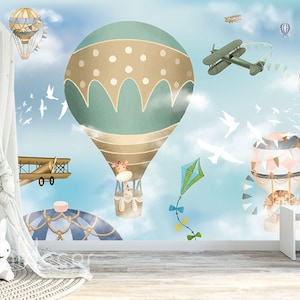 Hot Air Balloon Adventure WALLPAPER, Nursery Wallpaper, Wall Art Decor for Girls Boys, Peel & Stick Mural Animals and Planes in the Sky