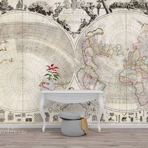 Ancienne carte du monde WALL MURAL, Fond d’écran de carte nautique, Vintage World Map Reproduction Wall Art Print Poster, Amovible Peel & Stick Mural