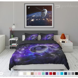 Blue and purple Galaxy Bedding Set, Fantasy Planet in space Duvet Cover Set, spiral Galaxy in Space Bedding, Space Décor, Universe Bedding