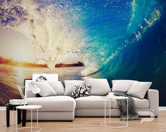 Ocean Wave Sunset MURAL, Ocean Wallpaper, Large Wall Mural, Self Adhesive Peel & Stick Photo Mural, Big Wave Surfing Wall Mural Sunrise