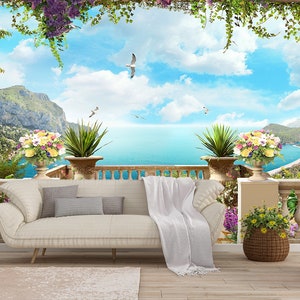 Terrasse méditerranéenne WALLPAPER MURAL, Terrasse Jardin Mural Mural, Grande Murale Murale, Auto Adhésif Peel & Stick Mural, Fleurs Revêtement Mural