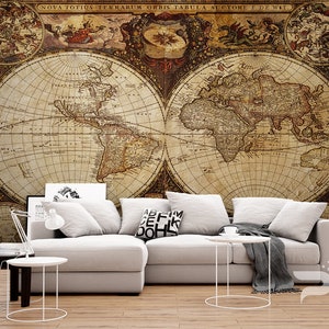 Oude kaart MUURSCHILDERING, Wereldkaart Behang, Vintage Marine Kaart van de Wereld Wall Art Print Poster, Wall Decor, Verwijderbare Peel & Stick Mural