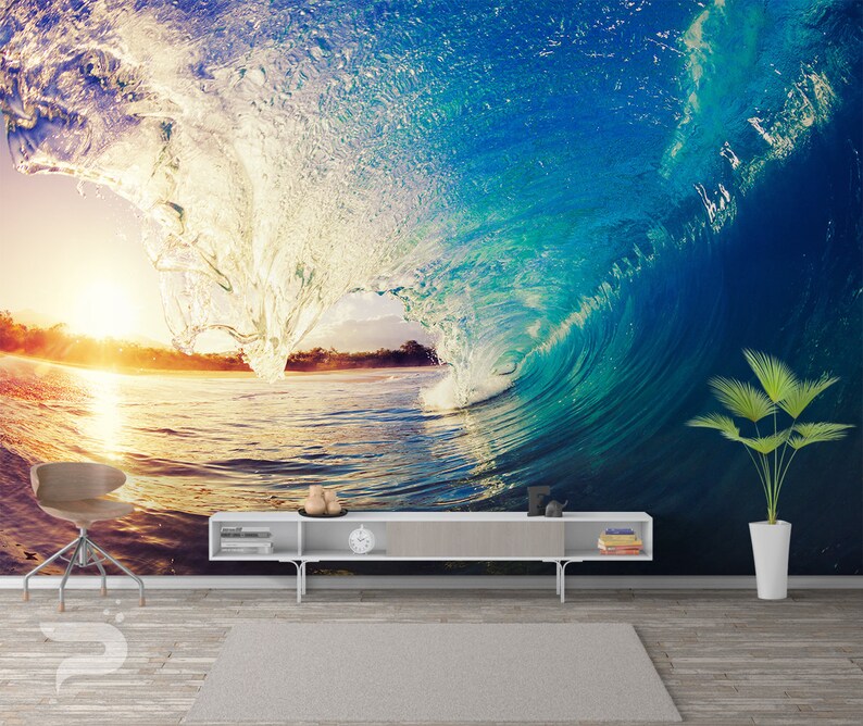 Ocean Wave Sunset MURAL Ocean Wallpaper Large Wall Mural ...