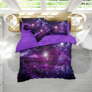 Galaxie Bettwäsche Set, Lila Nebel Bettbezug Set, Deep Space Bettwäsche, Kosmos Schlafzimmer Dekor, Universum Bettwäsche, Zwilling, Voll, Königin, König