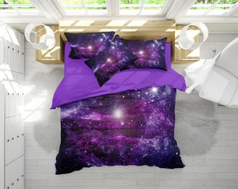 Galaxy Bedding Set, Purple Nebula Duvet Cover Set, Deep Space Bedding, Cosmos Bedroom Decor, Universe Bedding, Twin, Full, Queen, King