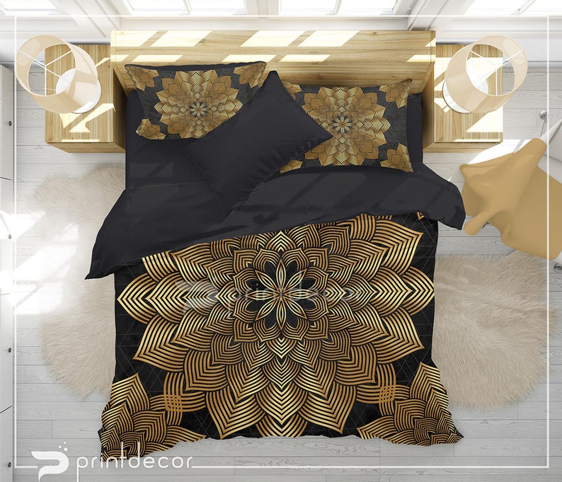 Mandala Bedding Set Boho Black and Gold Mandala Duvet Cover Etsy