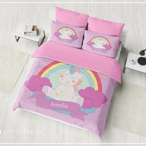 Kids Bedding , Personalized Duvet Cover Set, Monogrammed Unicorn Bedding Set, Girl Bedroom Decor, Twin, Full, Queen Rainbow Bedding image 2