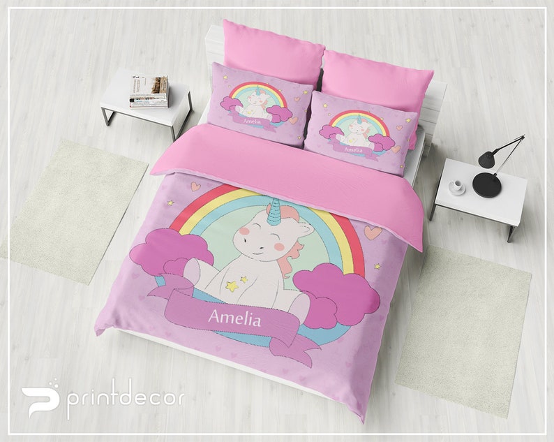 Kids Bedding , Personalized Duvet Cover Set, Monogrammed Unicorn Bedding Set, Girl Bedroom Decor, Twin, Full, Queen Rainbow Bedding image 2