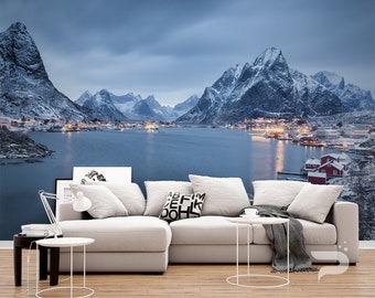 Lofoten Island WALL MURAL, Winter Mountain Wallpaper, Norway Landscape Wall Mural, Large Wall Mural, Self Adhesive Peel & Stick Photo Mural