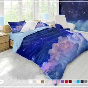 Night sky with stars Bedding Set, Pink clouds Duvet Cover Set, Galaxy Bedroom Decor, Universe Twin, Full, Queen, King Bedding