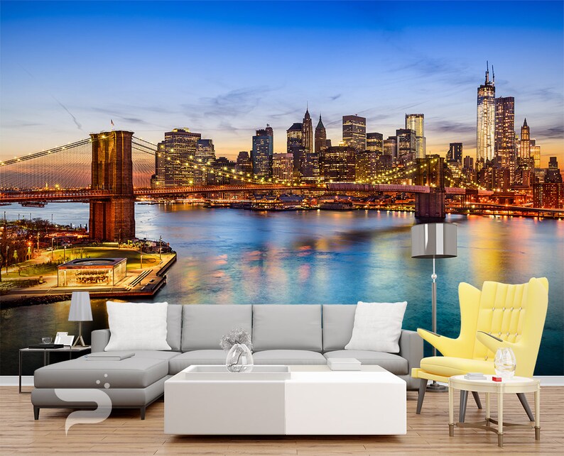 Brooklyn Bridge WALL MURAL, New York Wallpaper Mural, Large Wall Mural, Self Adhesive Peel & Stick Mural, Big Apple Sunset Wall Mural image 2