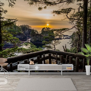 Coastal Forest WALL MURAL, Wooden Veranda Wallpaper, Forest Sunset Wall Mural, Large Mural, Removable Self Adhesive Peel & Stick Photo Mural