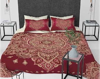 Ensemble de literie Boho Mandala, ensemble de housse de couette Boho chic rouge et crème vintage mandala, ensemble de housse de couette 3 pièces Bordeaux