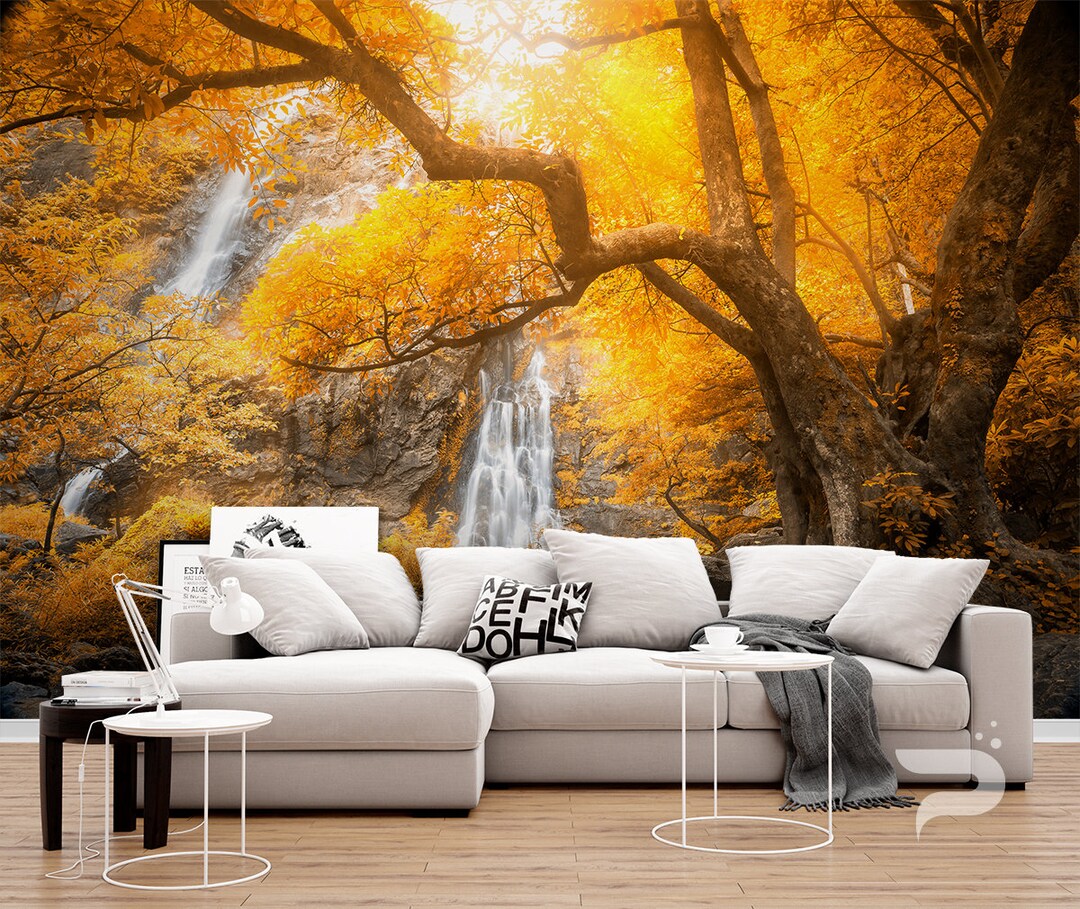 The Yellow Tree WALL MURAL, Autumn Waterfall Wallpaper, Large Wall