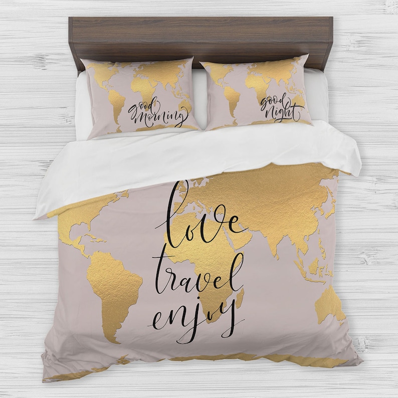 World Map Bedding Golden Duvet Cover Set Travel Image 0