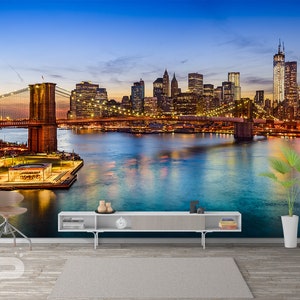 Brooklyn Bridge WALL MURAL, New York Wallpaper Mural, Large Wall Mural, Self Adhesive Peel & Stick Mural, Big Apple Sunset Wall Mural image 3