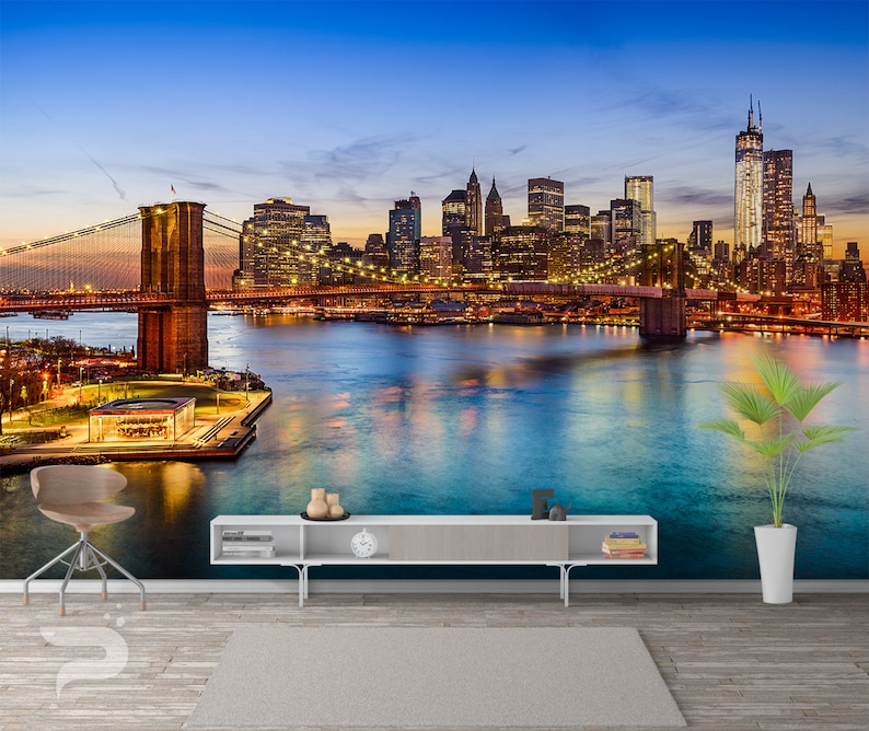 Brooklyn Bridge WALL MURAL, New York Wallpaper Mural, Large Wall Mural, Self Adhesive Peel & Stick Mural, Big Apple Sunset Wall Mural image 3