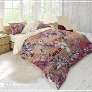Boho Deer skull Bedding, Wild soul Duvet Cover Set, Tribal Bedding, Twin, Full, Queen, King Buffalo Skull Bohemian Bedding