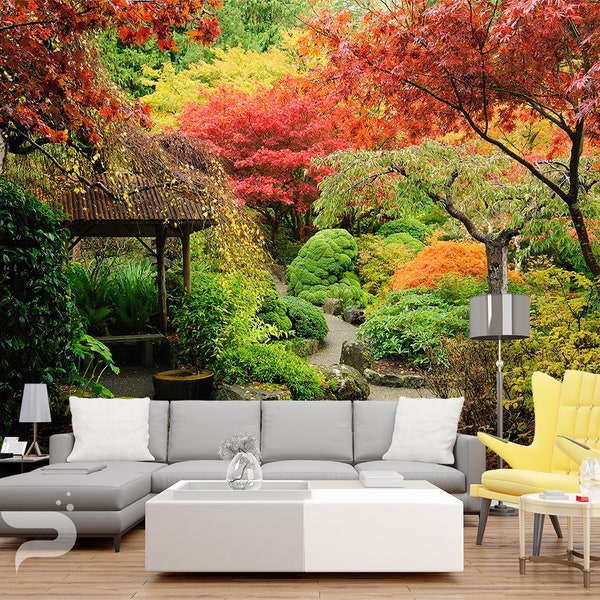 Colorful Garden WALL MURAL, Autumn Forest Wall Covering, Japanese Wall Art Print Poster, Removable, Reusable Wall Decor, Peel & Stick Mural