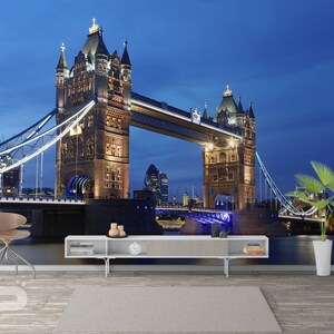 Tower Bridge WALL MURAL, London Wall Covering, London Nightscape Tower Bridge Wall Art Print Poster, Wall Decor Removable Peel & Stick Mural