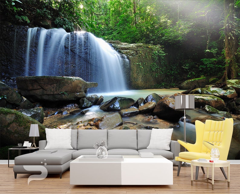Forest Waterfall Wall Mural Forest River Wallpaper Large Etsy