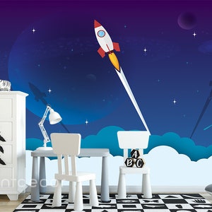 Rocket Launch WALLPAPER, Nursery Wallpaper, Spacecraft Wall Art Decor for Girl or Boy, Peel & Stick, Galaxy Space Adventure, Astronautas