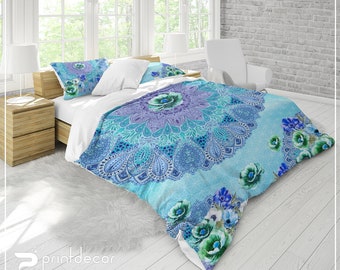 Mandala Bedding Set, Lavender purple and turquoise mandala and wildflowers Duvet Cover Set, Twin, Full, Queen, King Mandala Bedding