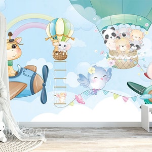 Brave Adventures WALLPAPER, Nursery Wallpaper, Hot Air Balloon Wall Art Decor for Girls Boys, Peel & Stick Mural Animals Planes Explorers