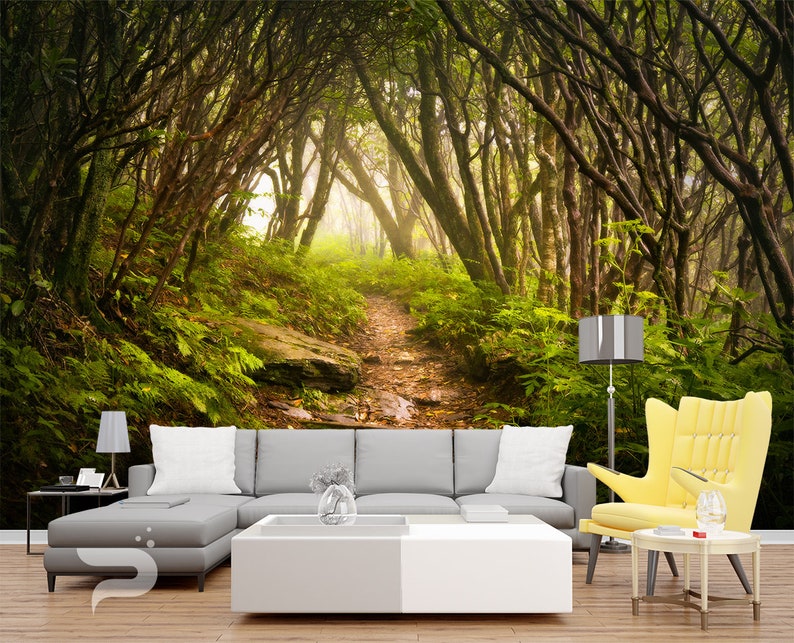 Magical Forest WALL MURAL Green Forest Wallpaper Large Wall Etsy