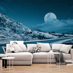 Supermoon WALL MURAL, Blue Morning Wall Covering, Winter Road Wall Art Print Poster, Removable, Reusable, Peel & Stick Wallpaper Mural