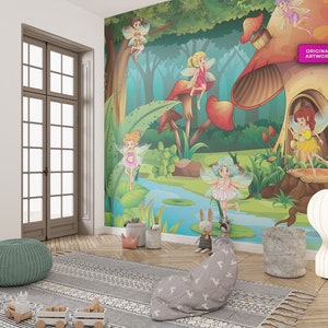 Papel tapiz de cuento de hadas para niños, papel tapiz de guardería, arte de pared de bosque mágico para niños, decoración de pared de dibujos animados, encantador woodland peel & stick