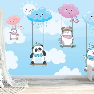 Swinging Animals WALLPAPER, Nursery Wallpaper, Cute Cartoon Bear Cat Wall Art Decor for Boys and Girls, Clouds Swing Peel & Stick Mural
