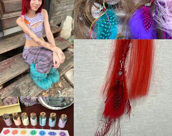 Sparkly Fairy Hair ~ Mystical Faery Extensions ~ Charm ~ Feathers ~ Red Root Chakra ~ Hair Clip-in extensions ~ Healing Energy ~ Magical