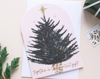 Cartão de árvore de Natal escandinavo fofo | Cartão de Natal de luxo exclusivo | Cartão de Natal em branco ilustrado | Cartão minimalista nórdico com letras à mão