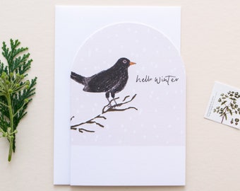 Hello Winter Blackbird Christmas Card