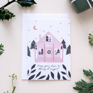 Biglietto di Natale scandinavo per capanna di tronchi / Biglietto di Natale di lusso unico / Biglietto natalizio vuoto illustrato / Biglietto con lettere a mano scandinave minimali