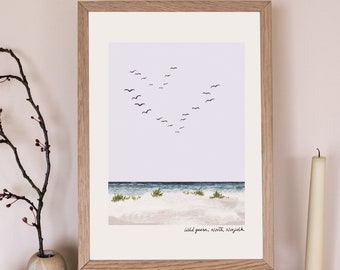 North Norfolk Print, Holkham Beach, Wells Next The Sea, Wild Geese Print, Wild Geese Art, Beach illustration