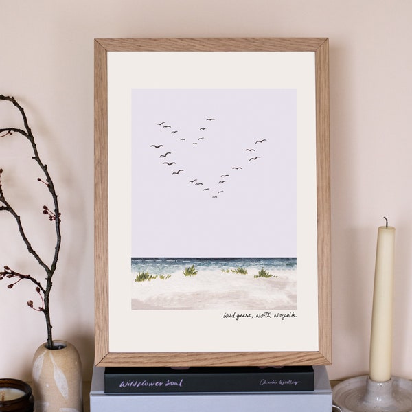 North Norfolk Print, Holkham Beach, Wells Next The Sea, Wild Geese Print, Wild Geese Art, Beach illustration