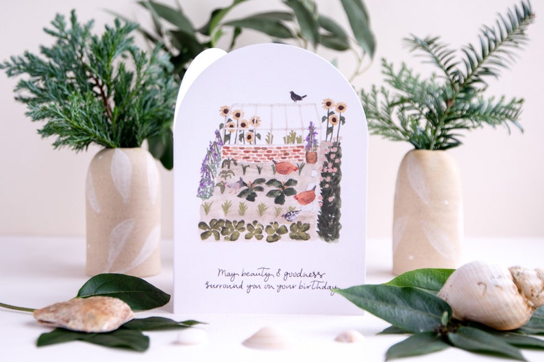 Cartão de aniversário de jardim, cartão de jardineiro, cartão de aniversário da natureza, cartão de distribuição, cartão de estufa, cartão de frango, cartão de Salmo 23, cartão cristão imagem 4