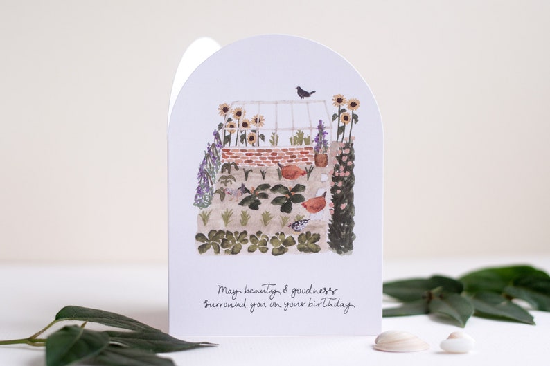 Cartão de aniversário de jardim, cartão de jardineiro, cartão de aniversário da natureza, cartão de distribuição, cartão de estufa, cartão de frango, cartão de Salmo 23, cartão cristão imagem 1